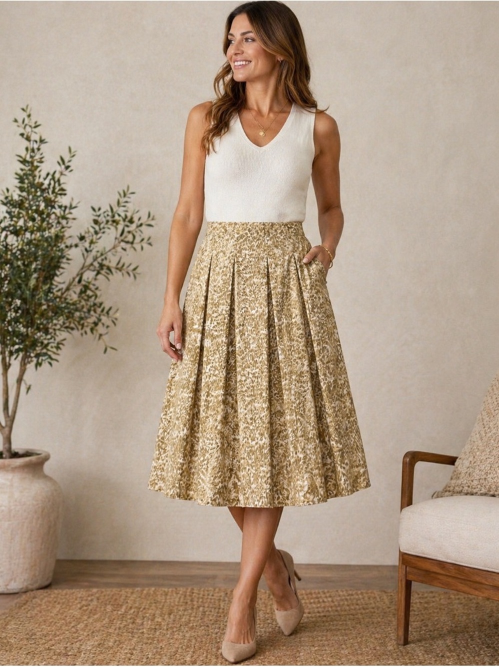 Talbots Gold Floral Pleated Midi Skirt Size 8